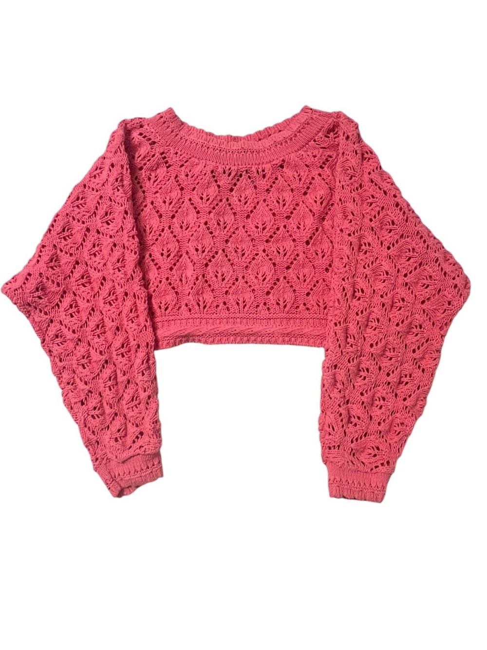 Vintage Sasson Pink Open Knit Cropped Sweater Boho Cotton Balloon Sleeve M-XL